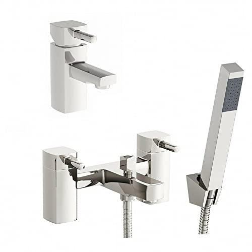 ENKI BBT0011 Stella Modern Basin and Bath Tap Pack, Chrome, Matching Set | Solid Brass, 10-Year Guarantee, Ceramic Disc Valve, Low Pressure Compatible, Easy Install, Fittings Included, Modern Bathroom