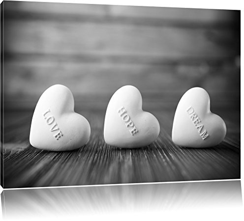 Pixxprint Love Hope Dream Hearts Schwarz, B&W, Größe: 60x40cm, Leinwandbild, fertig gespannt, Wandbild, Dekoration, Kunstdruck, kein Poster