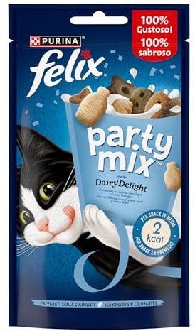 Purina Felix Party Mix Dairy Delight, Snack, premio para Gato con Leche, Yogurt y Queso, 8 bolsas de 60g