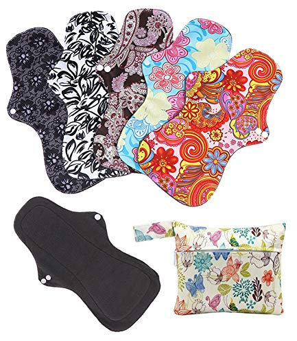 RZJZGZ (5 Pcs 35cm) Extra Long Sanitary Pads for Day and Heavy Flow Menstrual Pads Reusable Washable Sanitary Towels Pads Charcoal Bamboo Cloth Napkins Postpartum Nursing Pads with Mini Carry Bag Set