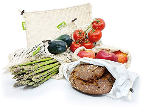 dibou ® Wiederverwendbare Obstbeutel + Gemüsebeutel aus Bio Baumwolle | ÖKO Tex | LFGB getestet | waschbar | umweltfreundliche Einkaufstaschen mit Kordelzug u. Gewichtsangabe, 6er Set