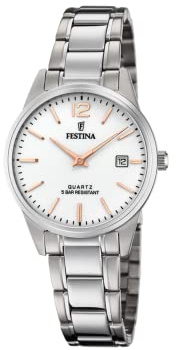 Festina Damenuhr Analog aus Edelstahl 316l Silberfarben | Quarzwerk, Widerstandsfähiges Mineralglas, Wasserdicht 5 ATM, Kalender F20509/2