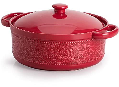 FUN ELEMENTS Casserole Dish, 2 Quart Lace Emboss Casserole Dish with Lid, Oven to Table Ceramic Round Serving Dish with Handles for Dinner and Party, Thanksgiving Christmas Gifts(Christmas Red)