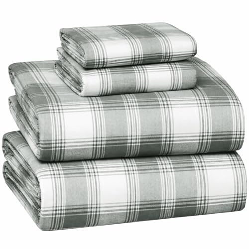Briarwood Home® Printed Flannel Sheet Set, 100% Natural Cotton, Soft, Warm & Deep Pocket, Advanced Nano-Tech Making it Resistance to Pilling; Brushed 6 Times for Softness (Grey Plaid, Queen)