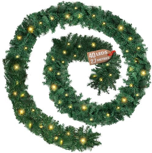 GloBrite 2.7M Christmas Garland with 40 Warm White LED Lights (280 Tips) - Pre-Lit Fireplace Garland Christmas Decoration, Battery-Powered Christmas Garlands for Home Decoration Christmas & More