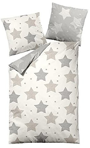 Traumschlaf Biber Wendebettwäsche Sterne beige – warme Winterbettwäsche aus 100% Baumwolle – flauschig weich & atmungsaktiv – mit Qualitätsreißverschluss – 135 x 200 cm + 1 Kissenbezug 80 x 80 cm