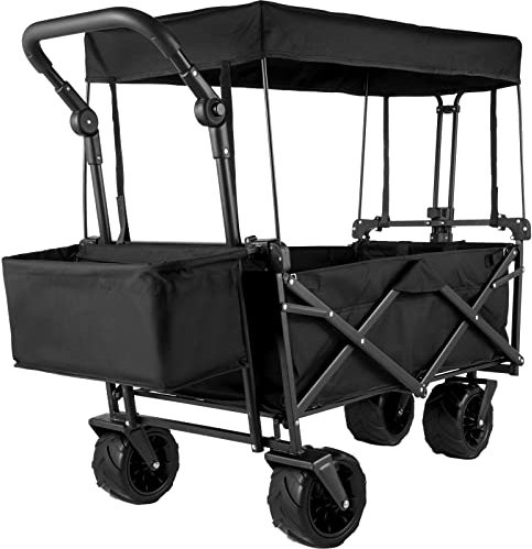 Happbuy Chariot Pliable avec Toit Chariot Portable Pliée 98,5x52x17,8 cm Cadre Acier de Grandes Roues 360° Panier de Rangement 2 Sacs en Filet Transport pour Plage Pique-Nique Camping Barbecue Noir