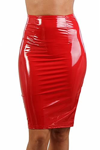 MISS NOIR Damen Wetlook Sexy 3/4 Rock Vinyl Knielange Clubwear Party Bodycon Skirt mit 2-Wege-Reißverschluss