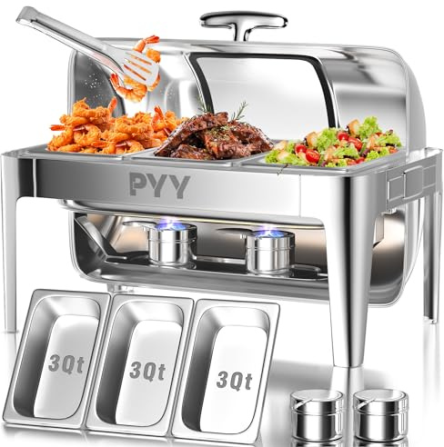 PYY 9 Quart Roll-Top-Chafing Dish, rechteckig, sichtbarer Edelstahlchafer für Gastronomie, kommerzielle Chafer für Hochzeiten, Partys, Bankette, Veranstaltungen (3 dritte Pfannen)