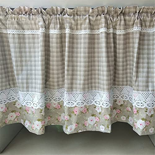 ACMHNC Küchengardine Scheibengardine Landhausstil Vintage Bistrogardine Handgefertigter Baumwoll Polyester Halbvorhang Karierte Floral Cafe Vorhang Dekoration Kurzgardine,Braun,W x H 150 x 40cm
