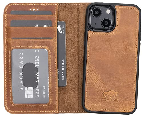 Solo Pelle Lederhülle kompatibel für iPhone 13 Mini in 5.4 Zoll abnehmbare Hülle (2in1) inkl. Kartenfächer für das original Apple iPhone 13 Mini (Camel Braun)
