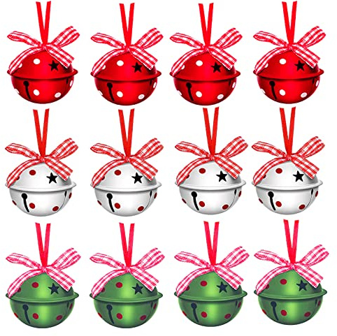 Christmas Jingle Bells 2 Star Cutouts Metal Decorative Bells with Ribbons for Xmas Tree Ornaments Wreath Festival Crafts Home Decorations (12 Pcs)