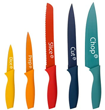 MasterChef Knife Set of 5 Kitchen Knives incl. Paring, Utility, Bread, Carving & Chef Knives for Cooking, Professional Sharp Stainless Steel, Non Stick Blades & Soft Touch Handles, 5 Piece, Coloured
