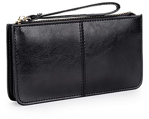 Portafoglio da polso in vera pelle di vacchetta con cera d'olio da donna, pochette per cellulare di grande capacità, elegante borsa da polso minimalista con più scomparti, chiusura con cerniera