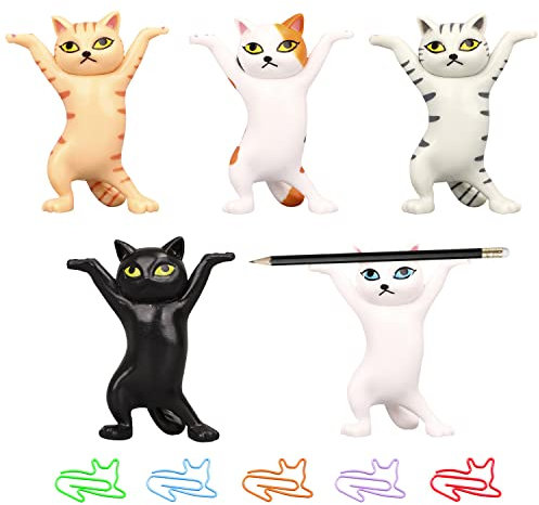 Paquete 5 Soportes bolígrafos Gatos Bailando con 5 Clips Papel Gatos, decoración Mini Gato Levantamiento Pesas, Soporte bolígrafos, Soporte Tapones oídos, Baile ataúd Gatos, Regalo Amantes Gatos