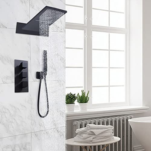 Duscharmatur Schwarz, Duschsystem Unterputz Thermostat-Brausesystem Regenbrause-Set mit Duschkopf Handbrause für Badewannen