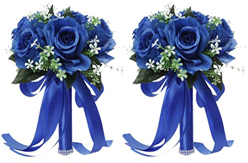 Aphmeir Bridal Bouquets for Bride, 2 Pack Artificial Roses Wedding Bouquets for Bride, Silk Flowers Wedding Bouquet with Ribbons Flower Bouquets for Wedding Party Home Decoration (Royal Blue)
