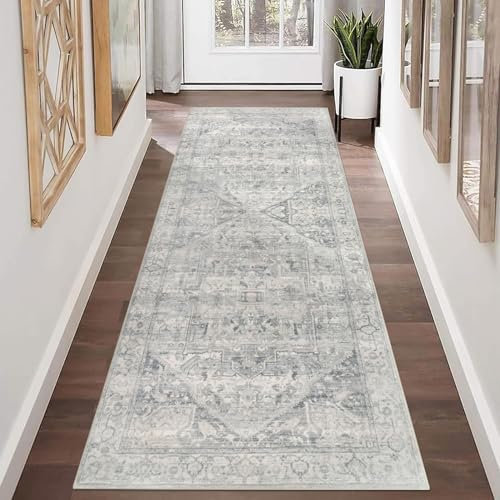 Homcomodar Vintage Runner Teppich mit Gummirücken 65x180cm Distressed Flur Teppiche Nicht-Verschüttender persischer Boden Teppich Runner für Küche Flur Badezimmer Schlafzimmer