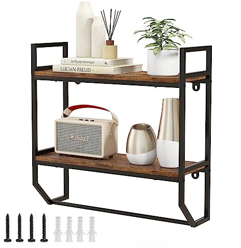 COSTWAY Wandregal, Bücherregal Wand, Schweberegal Holz mit Metallrahmen, 2Ebenen Regal Wand ideal für Wohnzimmer, Küche und Badezimmer, Industrial