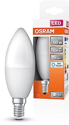 OSRAM LED Star Classic B60 LECH para base E14, forma de vela, aspecto mate, 806 lúmenes, luz de día blanca (6500k), reemplazo de bombillas convencionales de 60W, no dimmables, 1 paquete de 1