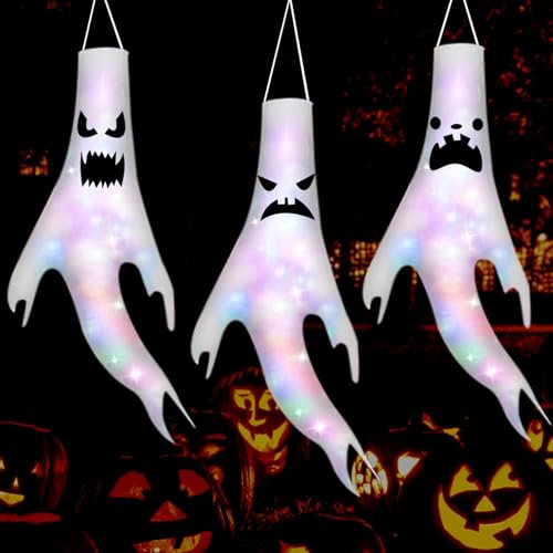 Halloween Geist Windsock Flagge 3 Stück, Led Halloween Hängende Geist Windsäcke, Halloween Windsack Geist Windsack Hängen Dekoration, Halloween Geist Dekoration Garten, Halloween Deko Outdoor
