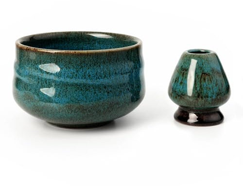 PUNNIO Ciotola cerimoniale Matcha in ceramica smaltata con beccuccio e frusta per matcha giapponese (blu)