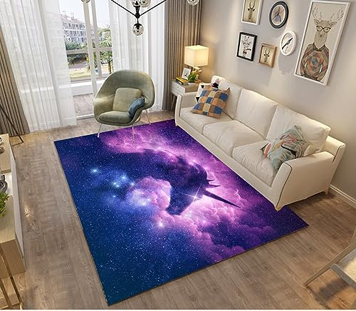 LOMDEM Teppiche für Kinderzimmer Cartoon Regenbogen Einhorn Mädchen Jungen Spielmatte Rosa Lila Pferd Teppich für Wohnzimmer Schlafzimmer Balkon Flur Küche Bad Kinderteppiche (Farbe 1,120x160 cm)