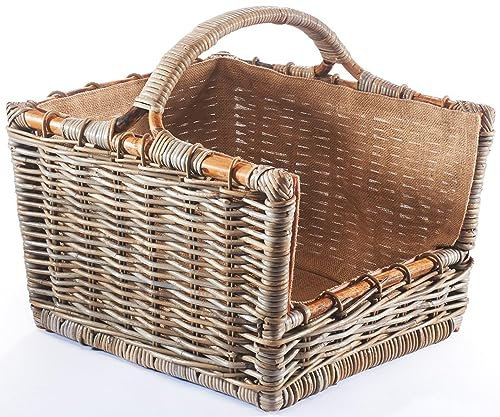 Kobolo Holztrage Holzkorb für Kaminholz - Rattan grau mit abnehmbarem Jutestoff