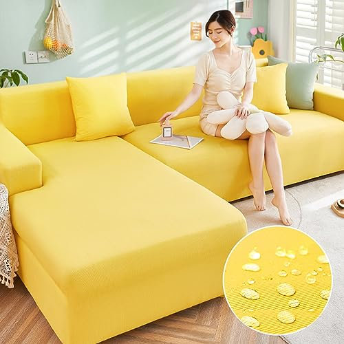 JunJiale Sektionalsofabezug, 2-teilig, weich, super dehnbar, L-Form, Couch-Schonbezug, 5-Sitzer + 5-Sitzer-Möbelschutz, Zitronengelb