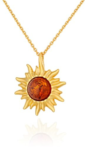 AMBEDORA Collier pour Femmes Petit Soleil avec Ambre, Argent Plaqué Or, Ambre Baltique Rond de Couleur Cognac, Pendentif en Argent avec Chaîne