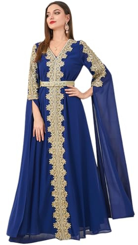 OBEEII Muslimisches Abendkleid für Damen, Dubai Stil Kaftan Robe in Voller Länge Stickerei Blumendruck Islamische Türkische Marokkanische Kleider für Ethnische, Hochzeit, Abend, Party Navy XL