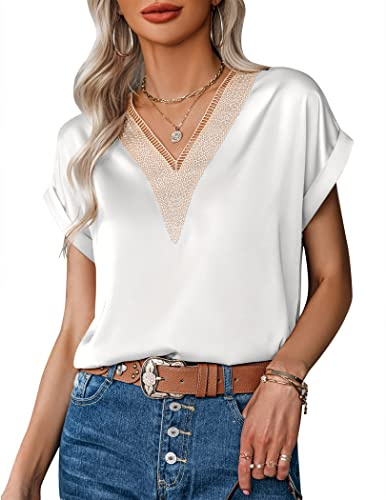 Zeagoo Blusa Satin Donna Elegante Manica Corta Tinta Unita T-Shirt Larghi Estive Scollo a V Casual Top Camicia