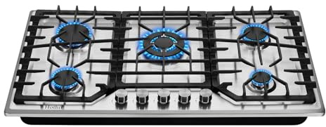 Hothit 5 Burner 36 inch Gas Cooktop, LPG/NG Dual Fuel Built-in Electronic Ignition Propane Stove Top with Pressure Regulator, Stainless Steel Gas Hob for Kitchen, Apartment, Outdoor(AHT36IN10S-SD)