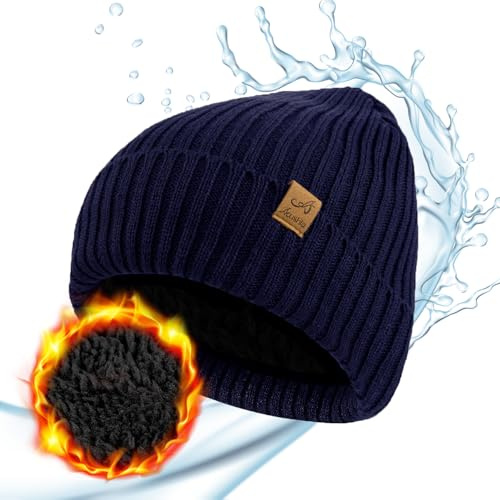 ACUSHLA Berretto invernale impermeabile antivento – foderato in pile spesso lavorato a maglia, cappello invernale per uomini e donne caldo berretto da orologio per la stagione fredda, Blu navy, taglia