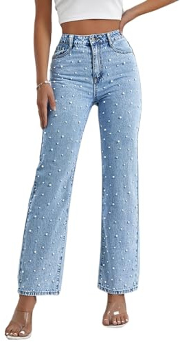 EZAPINE Pearl Jeans for Women High Waisted Straight Leg Flare Bootcut Denim Pants Stretchy Slim Fitted Boyfriend Casual Jeans Fashion Blue, Blue