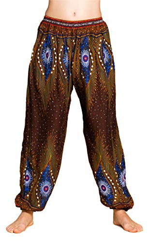 PANASIAM Haremshose Peacock Damen & Herren - leichte Sommerhose - Boho Stil | Loungehose mit elastischem Bund und Beinabschluss, Peacock Design, Unisex Chillhose für Festival, Urlaub & Alltag, Goa Hose