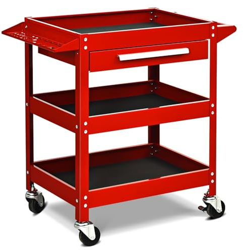HOMFME 3 Tier Tool Cart, Heavy-duty Rolling Service Trolley with Lockable Wheels, Drawer, Tool Slots and Side Handle, Utility Storage Cart for Garage Warehouse Workshop Office (Red)