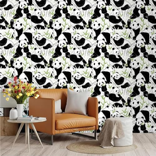 Selbstklebende Tapete Schwarzer Panda Grün Strukturtapete Wandtattoo Schlafzimmer Tapete Selbstklebend Vliestapete Wallpaper for Living Room Tapeten Leicht zu Entfernen Wandschutzfolie 45x300cm