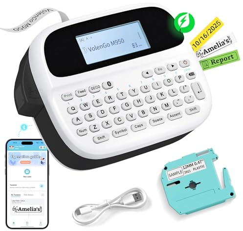 VolenGo Label Maker Machine with-Tape, Rechargeable Label Maker Waterproof-Labels, Backlit Bluetooth Labeler, M950 12mm Portable Labeling Maker for Home Organization Office School Teacher Supplies