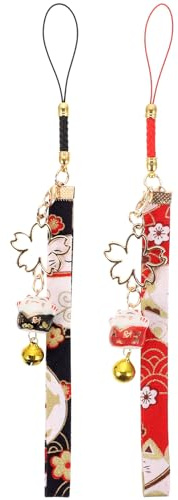 Hemobllo 2Pcs Cat Bell Phone Charm Hanging Strap Decorative Mobile Phone Lanyard for Unique Maneki Neko Pendant for Phones Keys Cameras Black Red Design