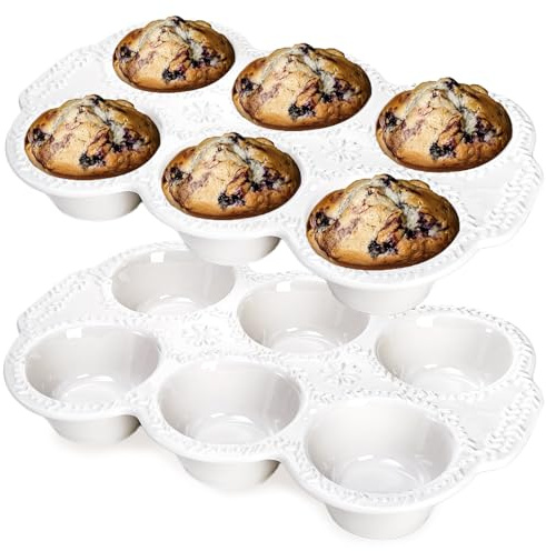 Hiceeden 2 Stück 6 Tassen Keramik Muffinform Antihaft Cupcake Backformen mit Griff Keramik Muffinform mit geprägtem Muster für Muffin Cupcake Weiß