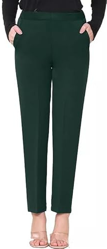 YAHOMI® Ladies Womens Half Elasticated Stretch Waist Work Office Trousers 2 Pockets Formal Pants Front Pockets Trouser Sizes 8 to 24 (UK, Numeric, 12, Regular, Regular, Standard, Bottle Green 27'')