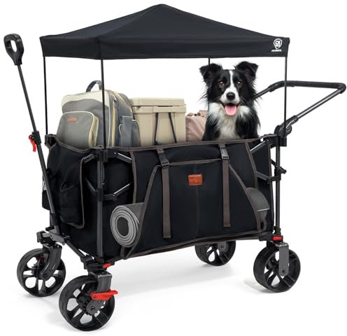 EVER ADVANCED 225L Festival Trolley on Wheels with Removable Canopy, 150KG Heavy Duty Camping Trolley, Push & Pull Beach Cart with 3 Large Pockets, Garden Folding wagon Fishing