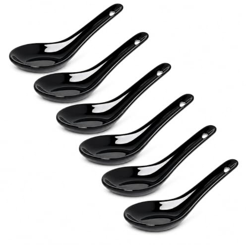 White and black Series ASIATICA | Porzellan-Löffel Set Asien | 13 cm - für Reis, Suppen - zum Servieren von Desserts - Spoon-Set Ramen (6er Set Schwarz)