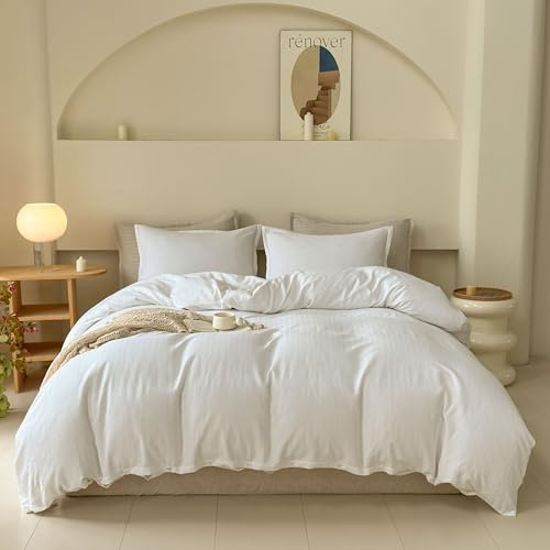 Simple&Opulence Queen Duvet Cover Set, Luxury French Linen Blend, 3-Piece Lightweight Bedding Set, Soft & Breathable, Herringbone Jacquard Texture, Button Closure, Washed Linen Feel, White
