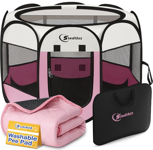 Sieidihit Dog Cat Playpen Tent Crate Cage with Washable Pee Pad, Small Pink