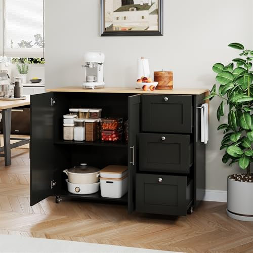L135 x B44 (70) x H 90 cm, grande tavolo da cucina mobile, piano di lavoro in legno di rovere, design pieghevole, armadio multifunzionale, 3 cassetti, portasciugamani, adatto per cucina, sala da