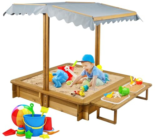 Ketive Kids Wooden Sandbox with Cover, Outdoor Sand Box with Lid 2 Side Buckets, 4 Bench Seats & All-Round Bottom Liner, UV-Resistant Canopy, Height Adjustable Roof Gift for Ages 3-8(45.3x45.3in)