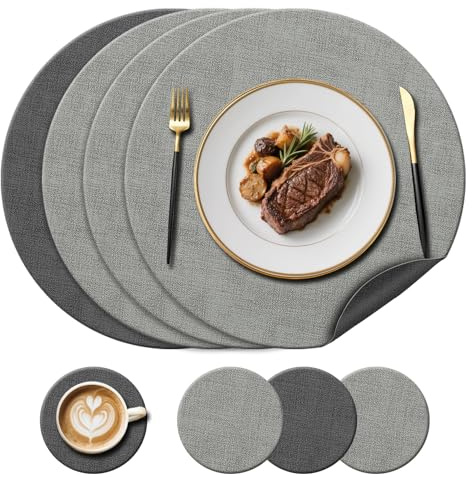 Kunstleder-Tischsets (38 cm) & Untersetzer (10 cm), Hellgrau/Grau, 4er-Set | Beidseitig Runde Tischsets, hitzebeständig bis 212 °F, rutschfest & waschbar, für Glas-/Holz-/Marmortische, Garten im Freien