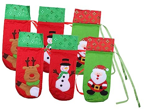 CHILDWEET 6stücke Weintaschen mit Weihnachtsmotiven Weinflaschentaschen Weihnachtsflaschenhüllen Dekorative Weinbeutel mit Kordelzug für Flaschendekoration